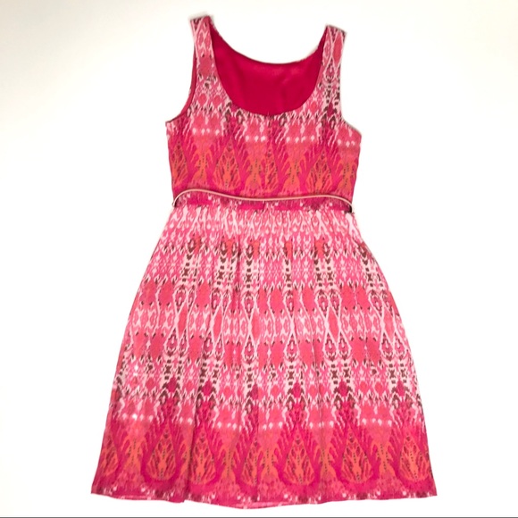 Boho Pink Ikat Belted Fit & Flare Dress Size 4 Petite Summer Spring - Picture 5 of 8
